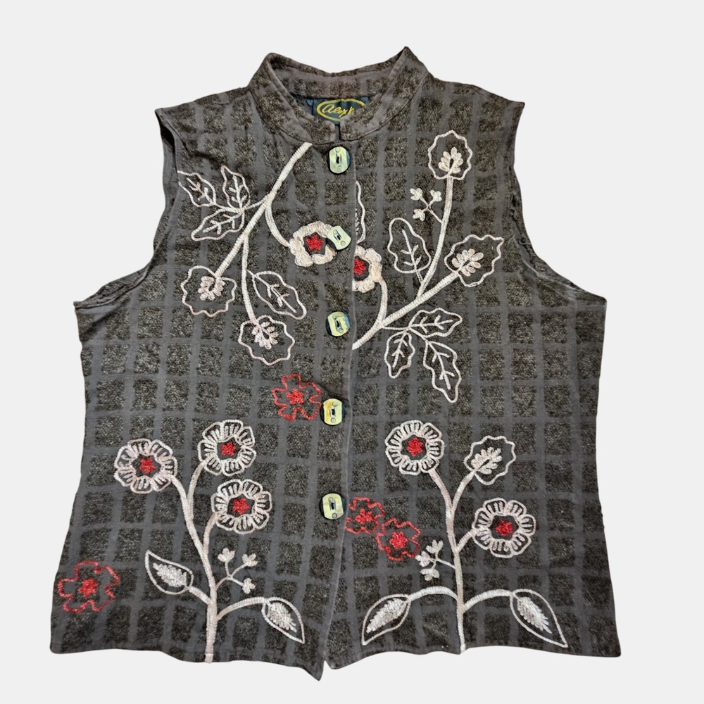 Alex Kim Embroidered Floral Sleeveless Vest‎ Top M Boho Cottagecore Grandmacore